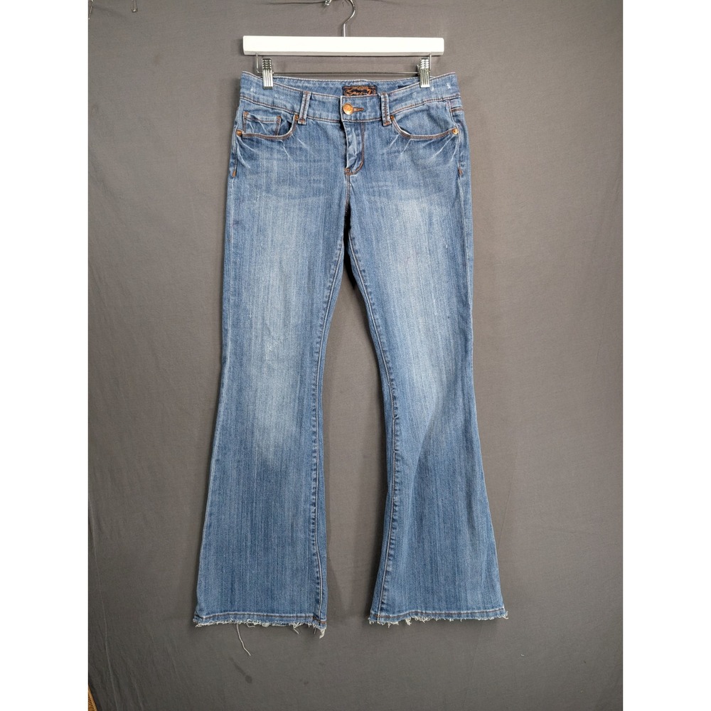 Seven7 Womens Flare Jeans Blue Medium Wash Raw Hem Denim Size 29